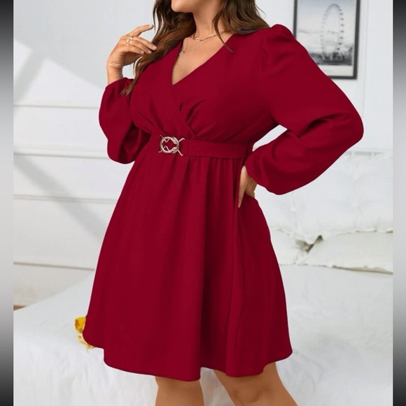 Plus size burgundy surplice neck lantern sleeve belted dress - Picture 3 of 15